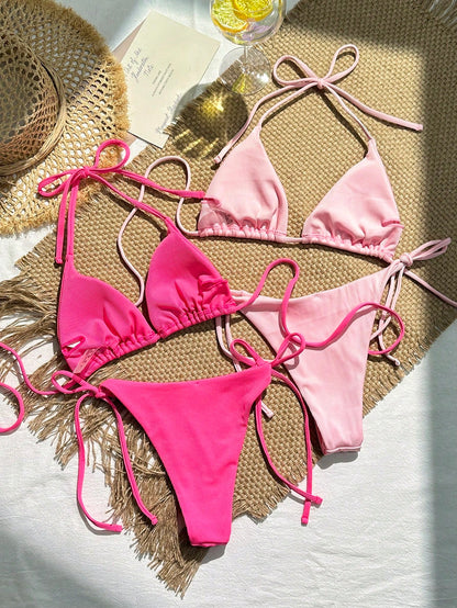 Swim Mod Summer Beach 2 Sets Women's Ribbed Halterneck Separated Bikini Set