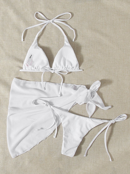 Swim Mod Summer Beach 3packs Triangle Tie Side Bikini Set & Beach Skirt