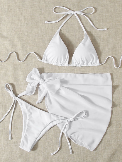 Swim Mod Summer Beach 3packs Triangle Tie Side Bikini Set & Beach Skirt