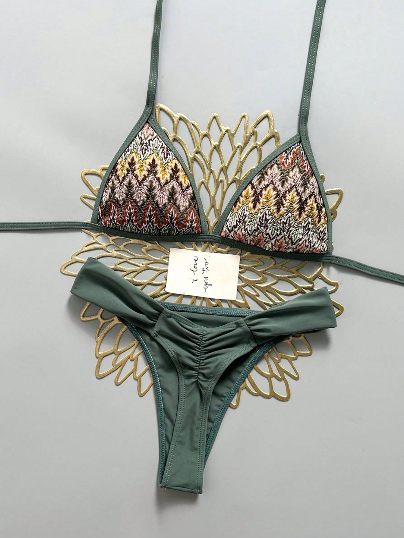 Swim Mod Summer Beach Women 2 Pieces Set Special Textured Fabric Triangle Tie Top & Ruched Bikini Bottom Swimsuit Set