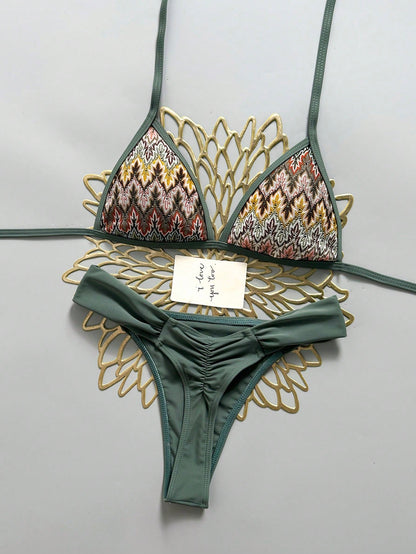 Swim Mod Summer Beach Women 2 Pieces Set Special Textured Fabric Triangle Tie Top & Ruched Bikini Bottom Swimsuit Set