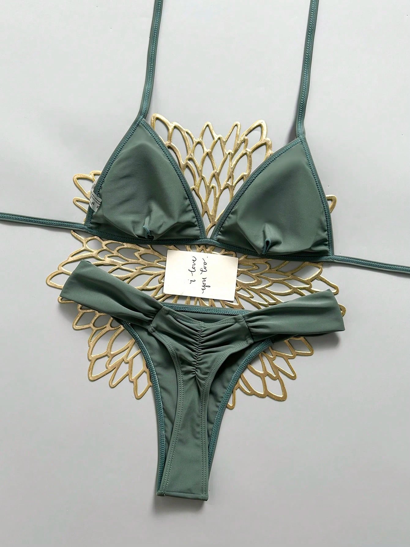Swim Mod Summer Beach Women 2 Pieces Set Special Textured Fabric Triangle Tie Top & Ruched Bikini Bottom Swimsuit Set