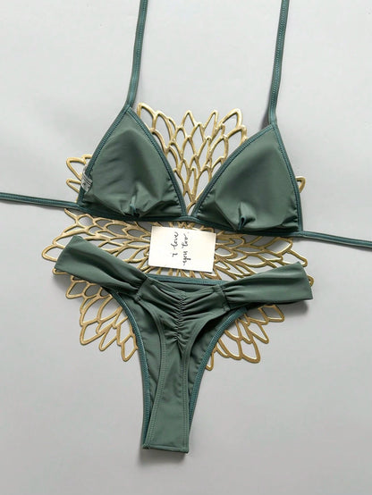 Swim Mod Summer Beach Women 2 Pieces Set Special Textured Fabric Triangle Tie Top & Ruched Bikini Bottom Swimsuit Set