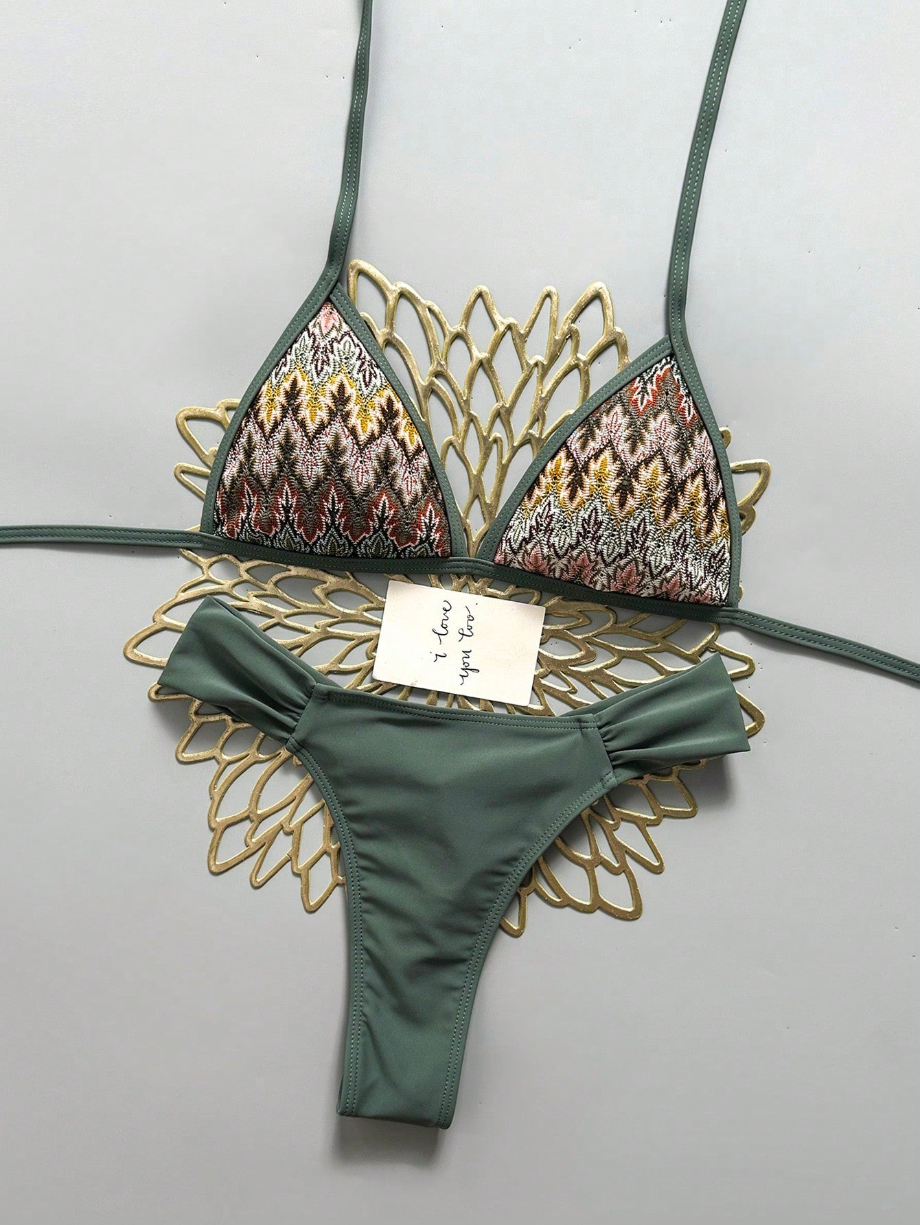 Swim Mod Summer Beach Women 2 Pieces Set Special Textured Fabric Triangle Tie Top & Ruched Bikini Bottom Swimsuit Set