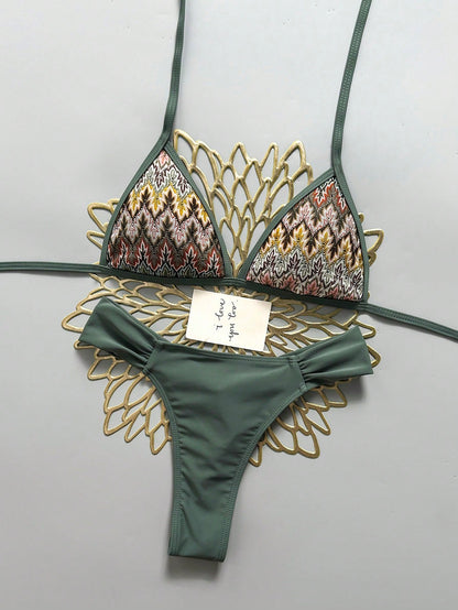 Swim Mod Summer Beach Women 2 Pieces Set Special Textured Fabric Triangle Tie Top & Ruched Bikini Bottom Swimsuit Set