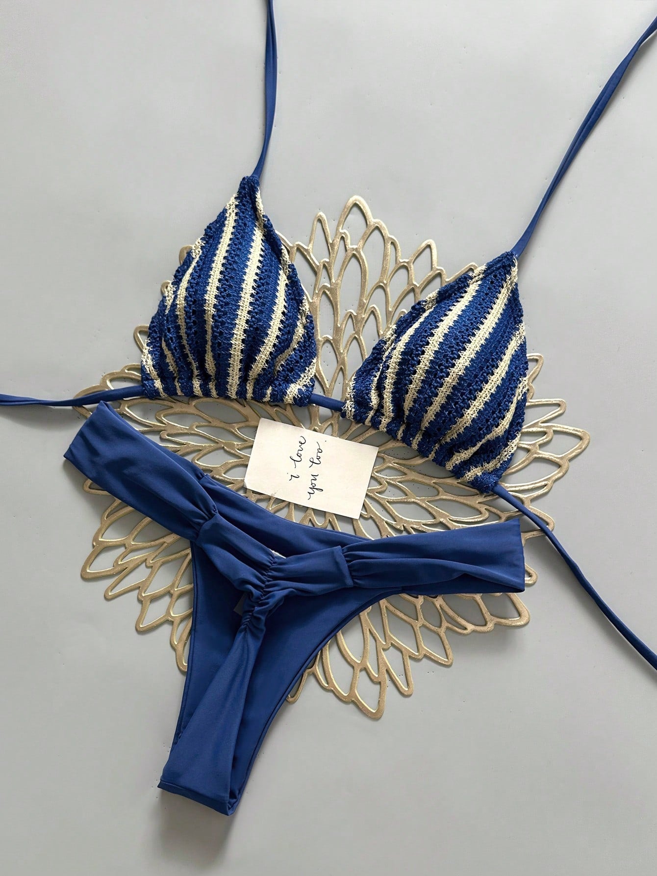 Swim Mod Summer Beach Women 2 Pieces Set Special Textured Fabric Triangle Tie Top & Ruched Bikini Bottom Swimsuit Set
