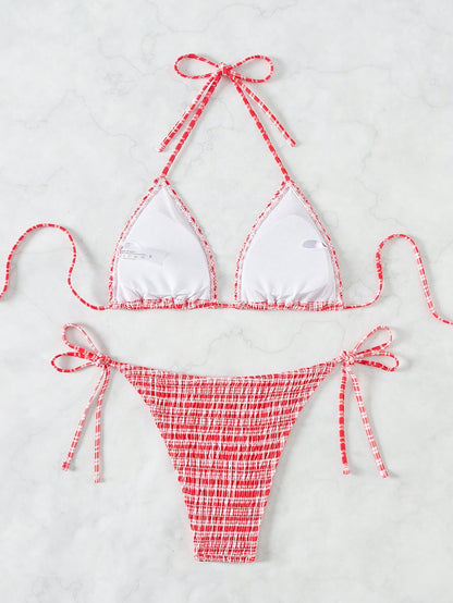 Swim Mod Summer Beach Women's Plaid Patterned Halter Neck Bikini Set For Beach Vacation