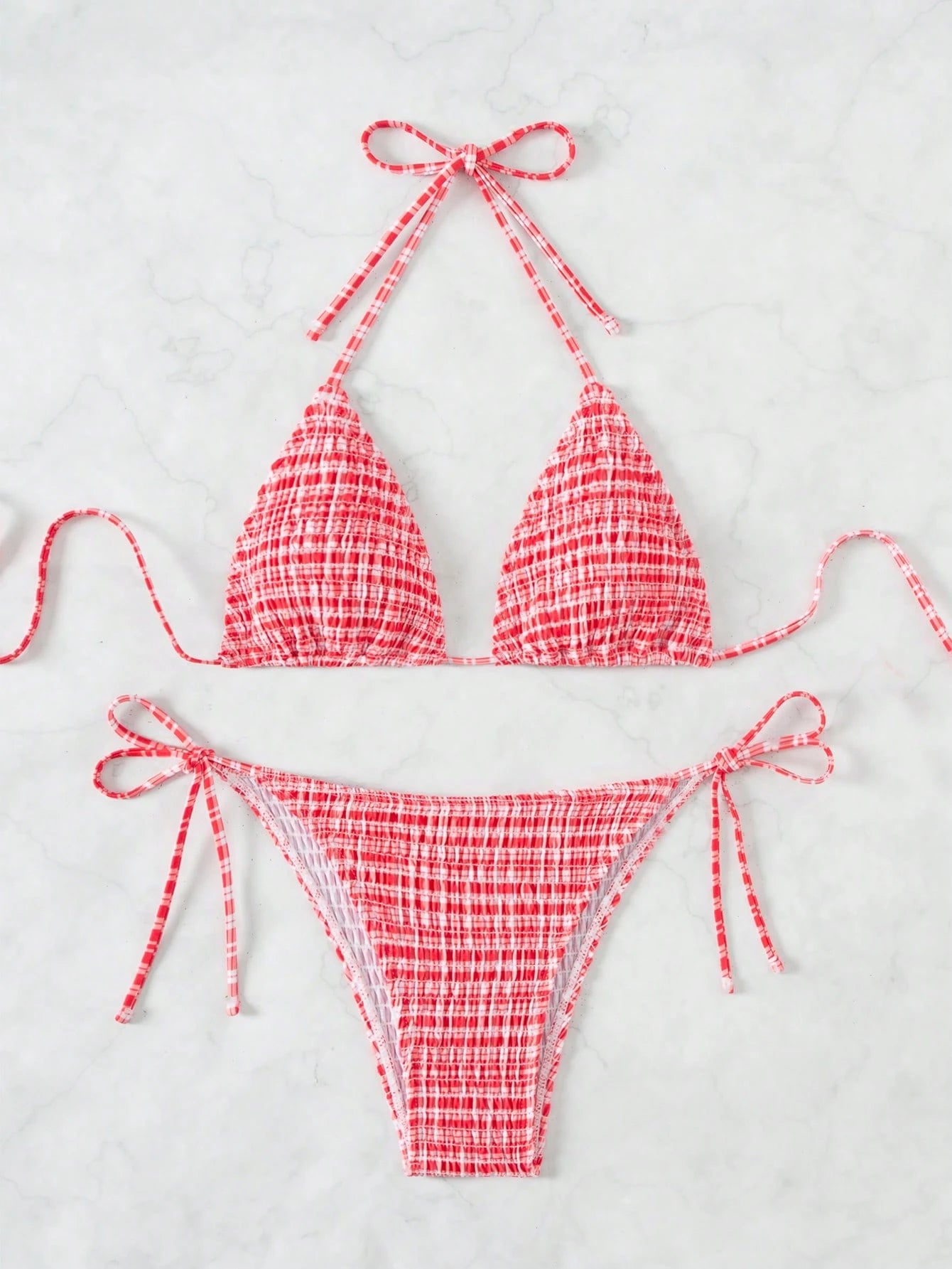 Swim Mod Summer Beach Women's Plaid Patterned Halter Neck Bikini Set For Beach Vacation