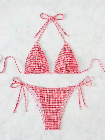 Swim Mod Summer Beach Women's Plaid Patterned Halter Neck Bikini Set For Beach Vacation