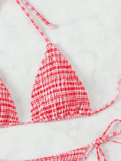 Swim Mod Summer Beach Women's Plaid Patterned Halter Neck Bikini Set For Beach Vacation