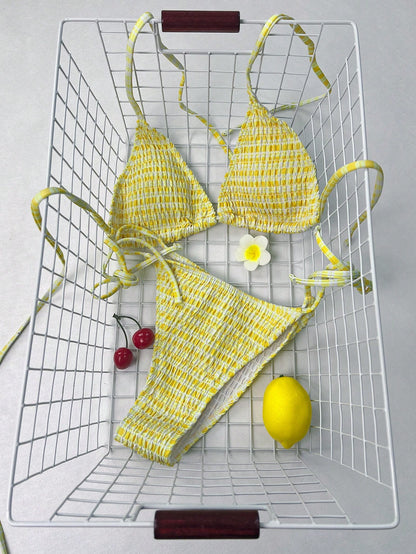 Swim Mod Summer Beach Women's Plaid Patterned Halter Neck Bikini Set For Beach Vacation