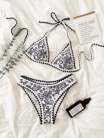 Swim Mod Summer Beach Women's Random Print Triangle Cup Bikini Set