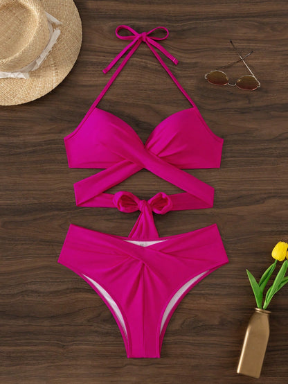 Swim Mod Summer Beach Women's Solid Color Simple Wireless Bikini Set