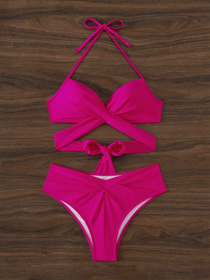 Swim Mod Summer Beach Women's Solid Color Simple Wireless Bikini Set