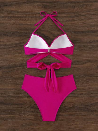 Swim Mod Summer Beach Women's Solid Color Simple Wireless Bikini Set