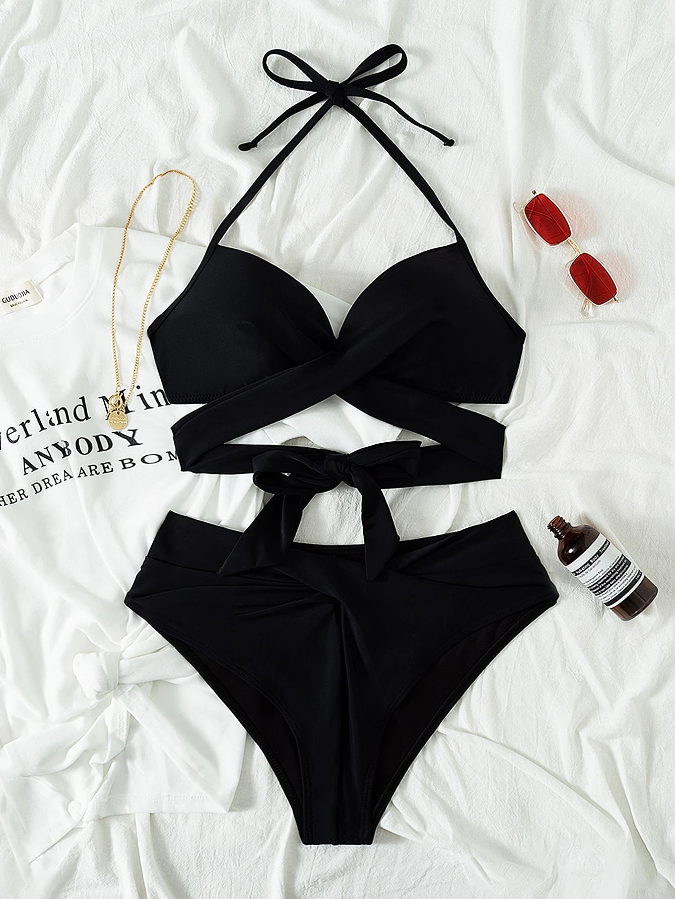 Swim Mod Summer Beach Women's Solid Color Simple Wireless Bikini Set