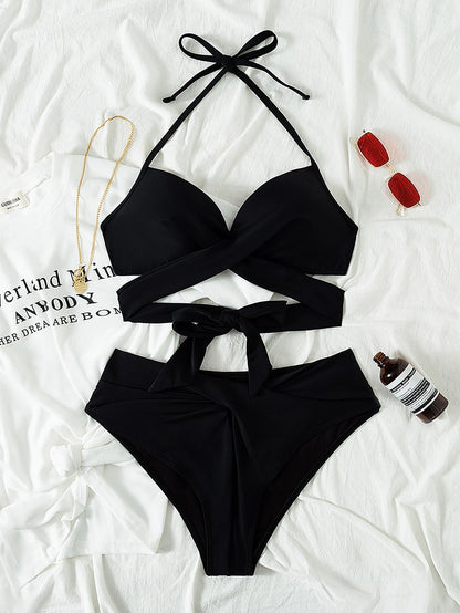 Swim Mod Summer Beach Women's Solid Color Simple Wireless Bikini Set