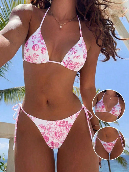 Swim Mod Summer Beach Women Vacation Style Random Print Bikini Set