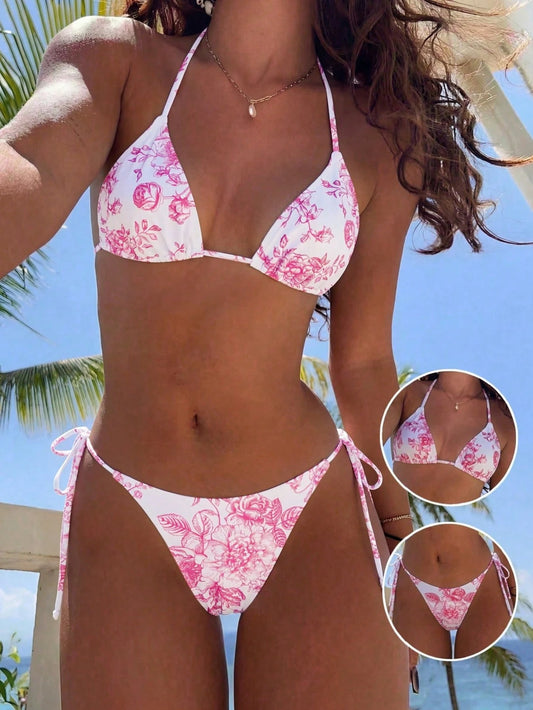Swim Mod Summer Beach Women Vacation Style Random Print Bikini Set