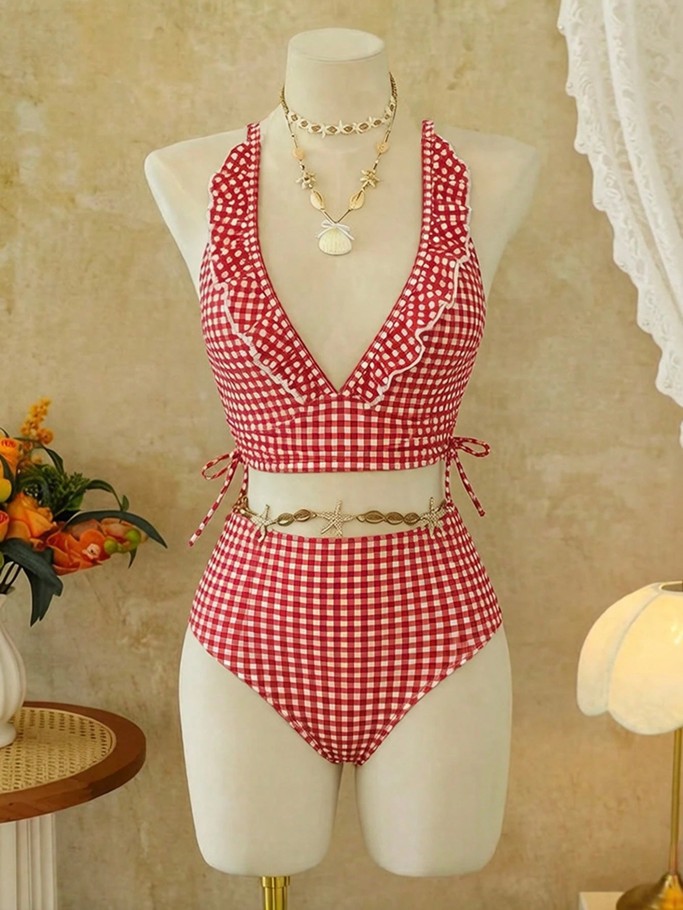 Swim Mod Summer New 2-Piece Women's Swimsuit Set Brown Plaid Ruffle Design Side Tie Top And High Waist Triangle Bikini Bottom Sweet Girl Beach Sand Swimming Pool Vacation Swimwear