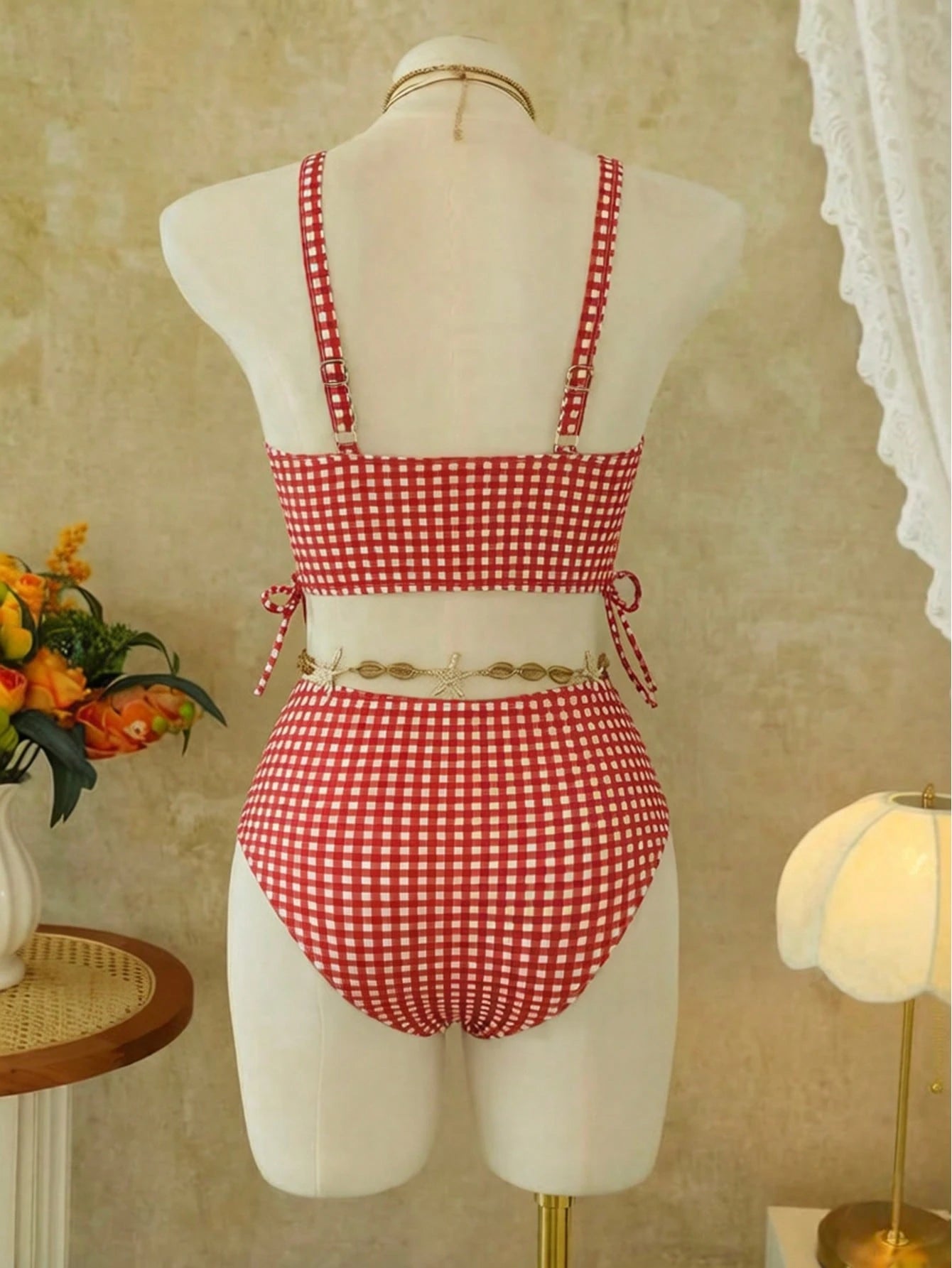 Swim Mod Summer New 2-Piece Women's Swimsuit Set Brown Plaid Ruffle Design Side Tie Top And High Waist Triangle Bikini Bottom Sweet Girl Beach Sand Swimming Pool Vacation Swimwear
