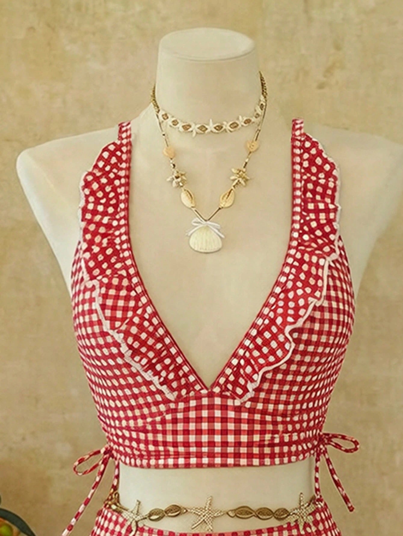Swim Mod Summer New 2-Piece Women's Swimsuit Set Brown Plaid Ruffle Design Side Tie Top And High Waist Triangle Bikini Bottom Sweet Girl Beach Sand Swimming Pool Vacation Swimwear
