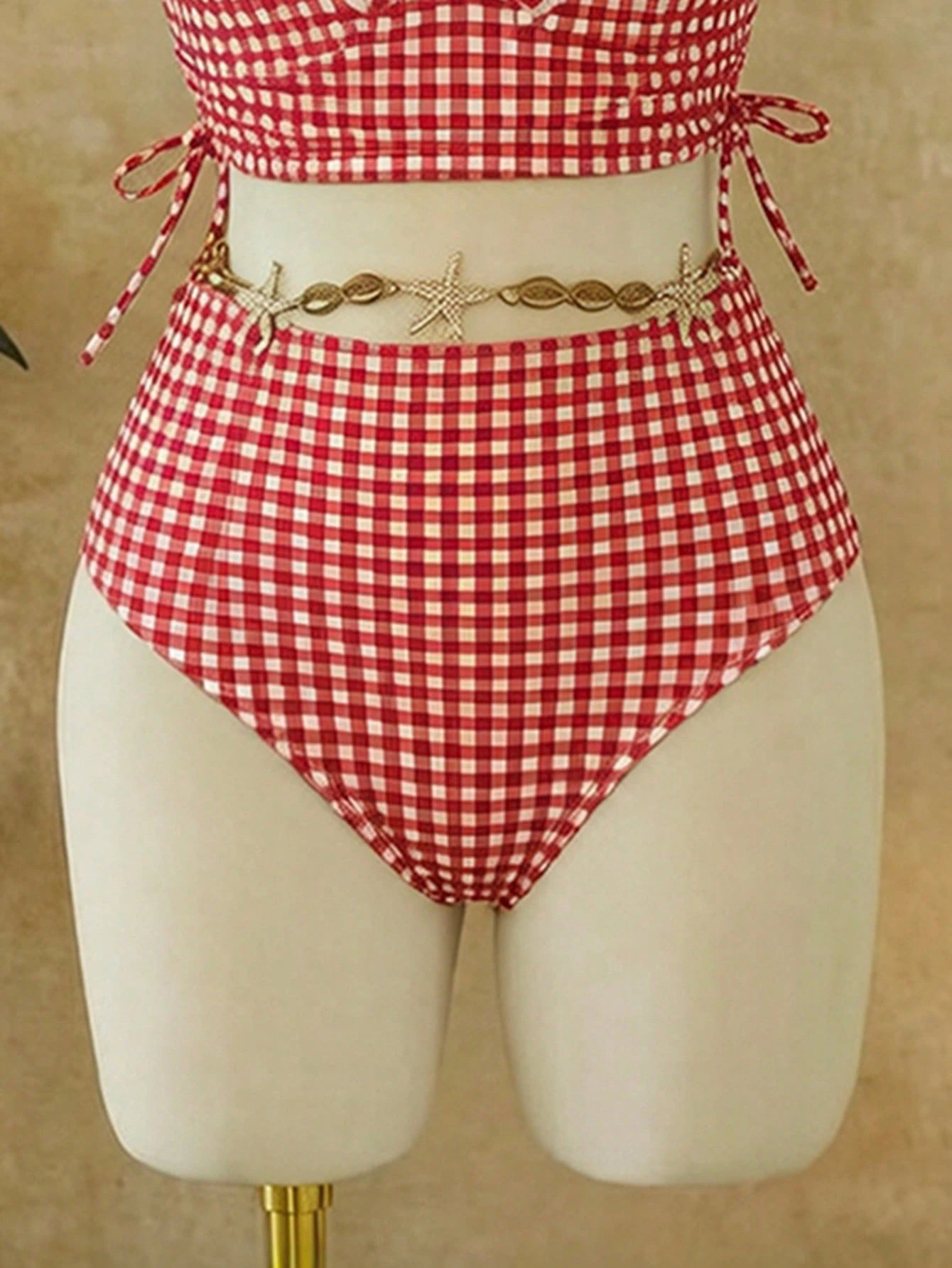 Swim Mod Summer New 2-Piece Women's Swimsuit Set Brown Plaid Ruffle Design Side Tie Top And High Waist Triangle Bikini Bottom Sweet Girl Beach Sand Swimming Pool Vacation Swimwear