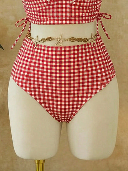 Swim Mod Summer New 2-Piece Women's Swimsuit Set Brown Plaid Ruffle Design Side Tie Top And High Waist Triangle Bikini Bottom Sweet Girl Beach Sand Swimming Pool Vacation Swimwear