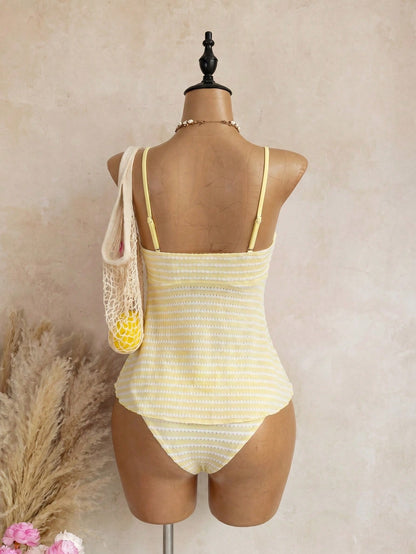 Swim Mod Summer Spring/Summer New Sexy Slim Fit Backless Striped Bandeau Two Pieces Set Ruffle Top Triangle Bikini Bottom Small Chest Push-Up Tankini Bikini Swimsuit For Women And Girls, Sweet Hot Spr