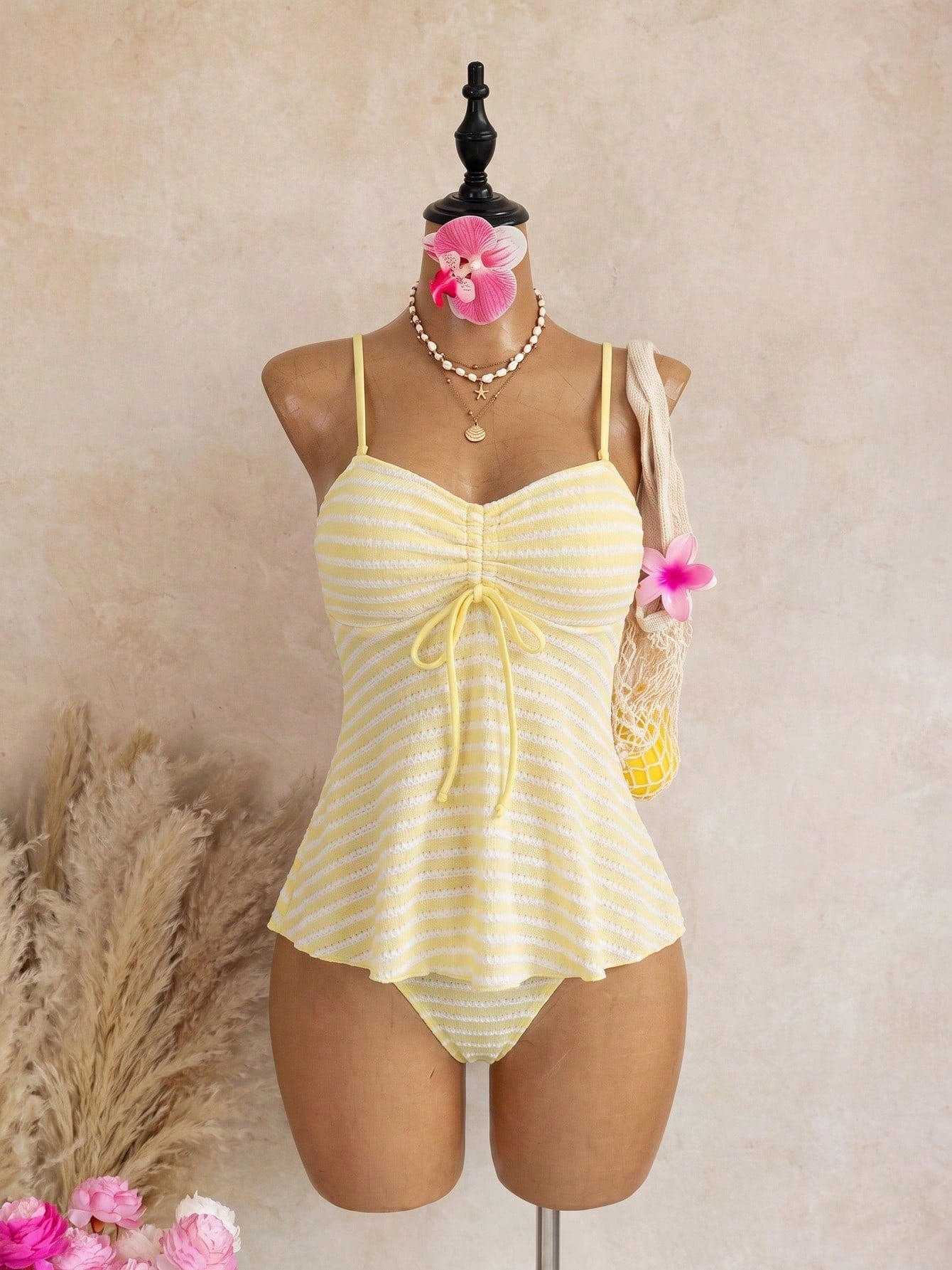 Swim Mod Summer Spring/Summer New Sexy Slim Fit Backless Striped Bandeau Two Pieces Set Ruffle Top Triangle Bikini Bottom Small Chest Push-Up Tankini Bikini Swimsuit For Women And Girls, Sweet Hot Spr