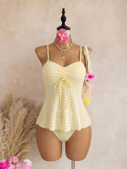 Swim Mod Summer Spring/Summer New Sexy Slim Fit Backless Striped Bandeau Two Pieces Set Ruffle Top Triangle Bikini Bottom Small Chest Push-Up Tankini Bikini Swimsuit For Women And Girls, Sweet Hot Spr