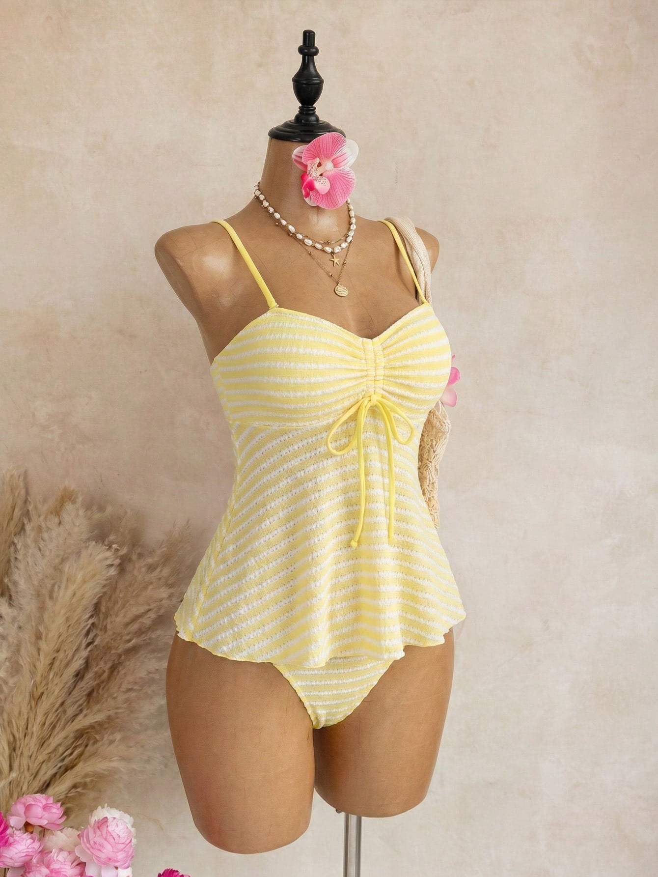 Swim Mod Summer Spring/Summer New Sexy Slim Fit Backless Striped Bandeau Two Pieces Set Ruffle Top Triangle Bikini Bottom Small Chest Push-Up Tankini Bikini Swimsuit For Women And Girls, Sweet Hot Spr