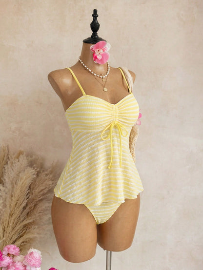 Swim Mod Summer Spring/Summer New Sexy Slim Fit Backless Striped Bandeau Two Pieces Set Ruffle Top Triangle Bikini Bottom Small Chest Push-Up Tankini Bikini Swimsuit For Women And Girls, Sweet Hot Spr