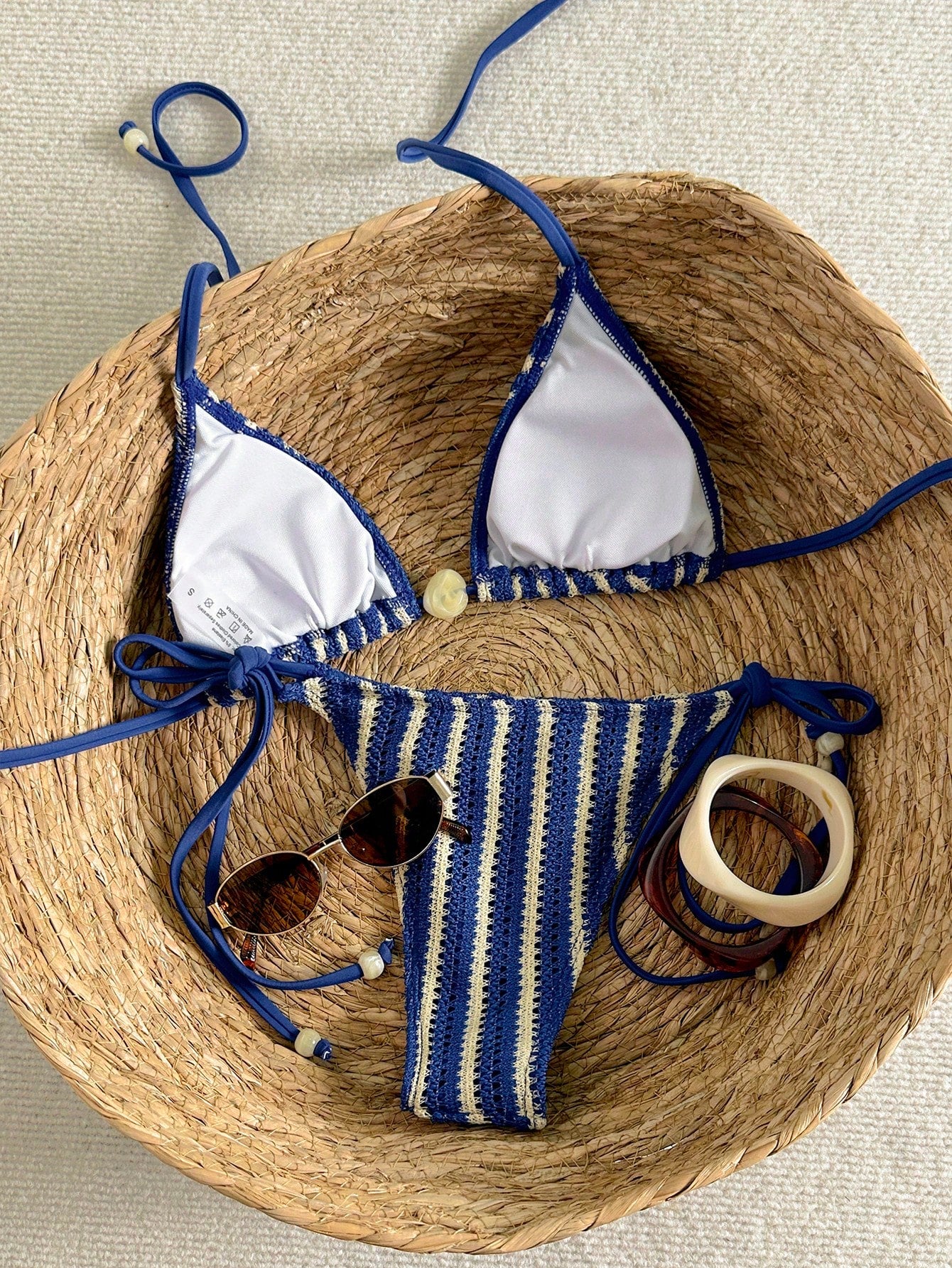 Swim Mod Summer Women 2 Pieces Swimwear, Textured Hollow-Out Knit Fabric, Halter Neck Triangle Top, Tie-Side Bottoms With Beaded Decor