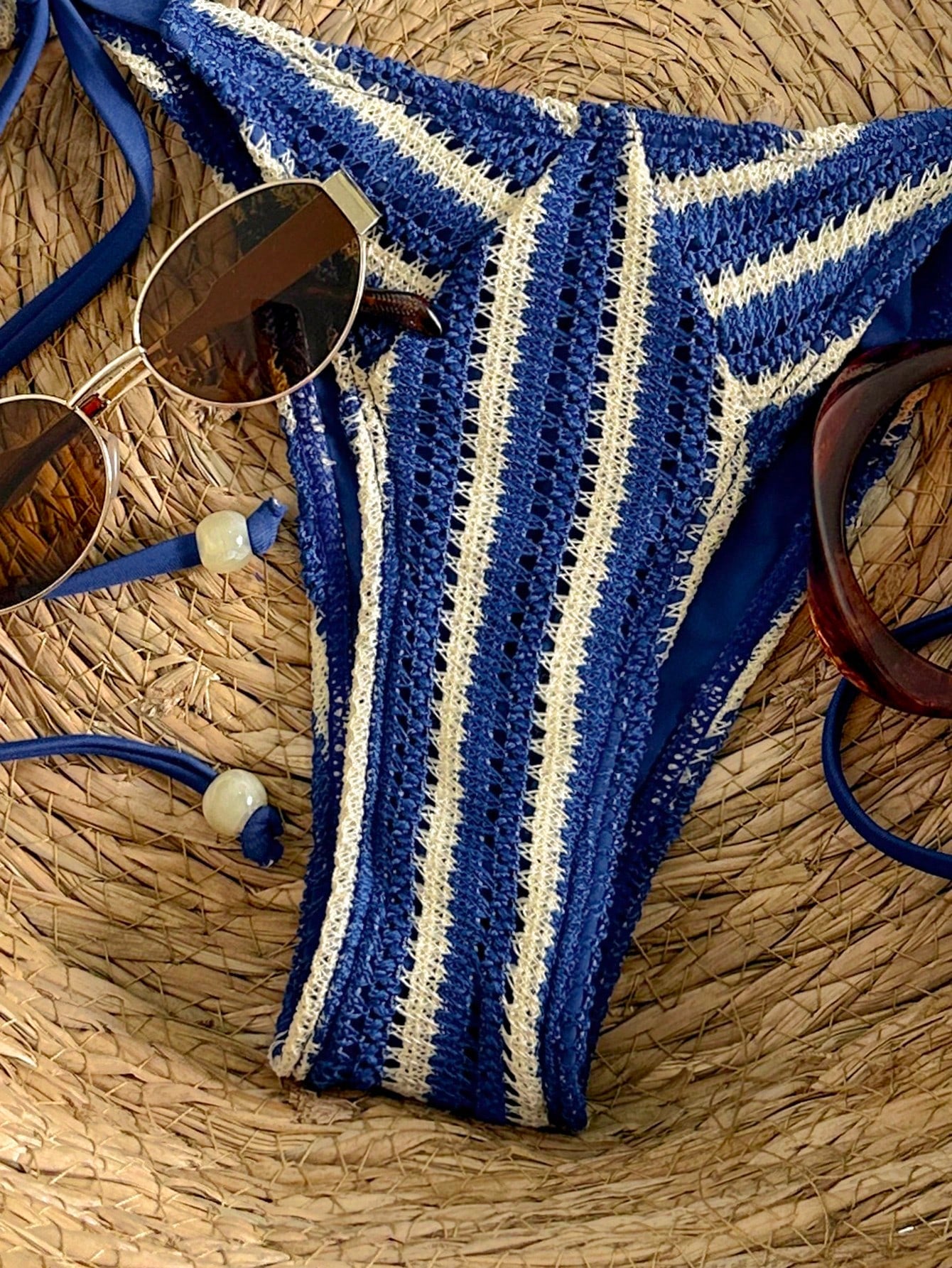 Swim Mod Summer Women 2 Pieces Swimwear, Textured Hollow-Out Knit Fabric, Halter Neck Triangle Top, Tie-Side Bottoms With Beaded Decor