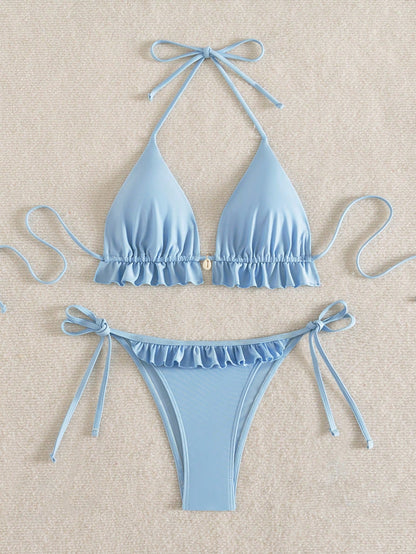 Swim Mod Swim Suits For Women Women's Summer Beach Solid Color Ruffle Trim Halter Neck Tie Two Pieces Bikini Set