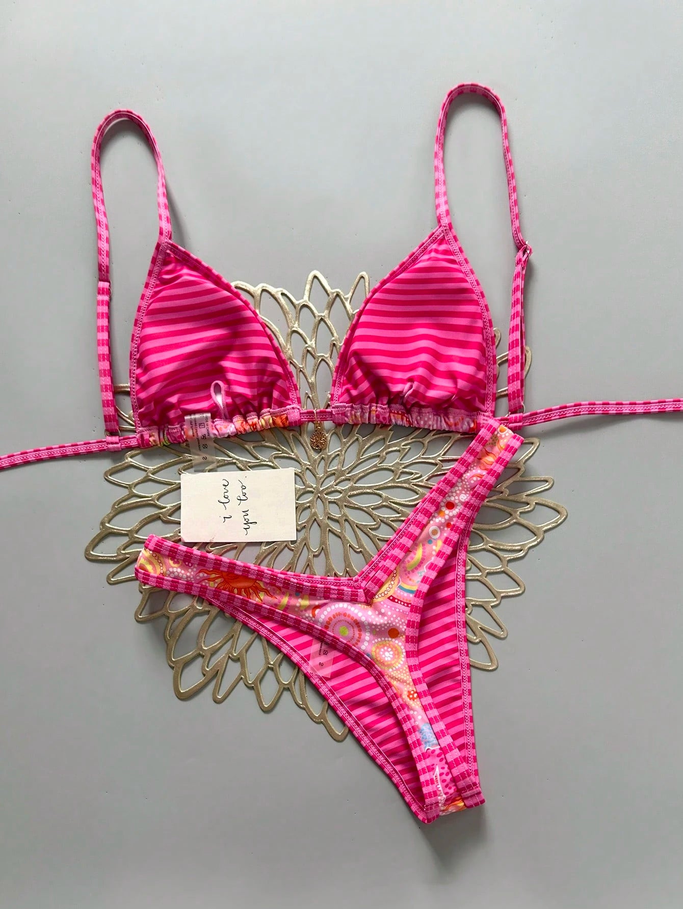 Swim Mod Women 2-Piece Bikini Set,Pink And Orange Floral Print Gold Disc Decor Halter Triangle Top & High Cut Thong Bottom,Boho Beach Summer Holiday Swimwear