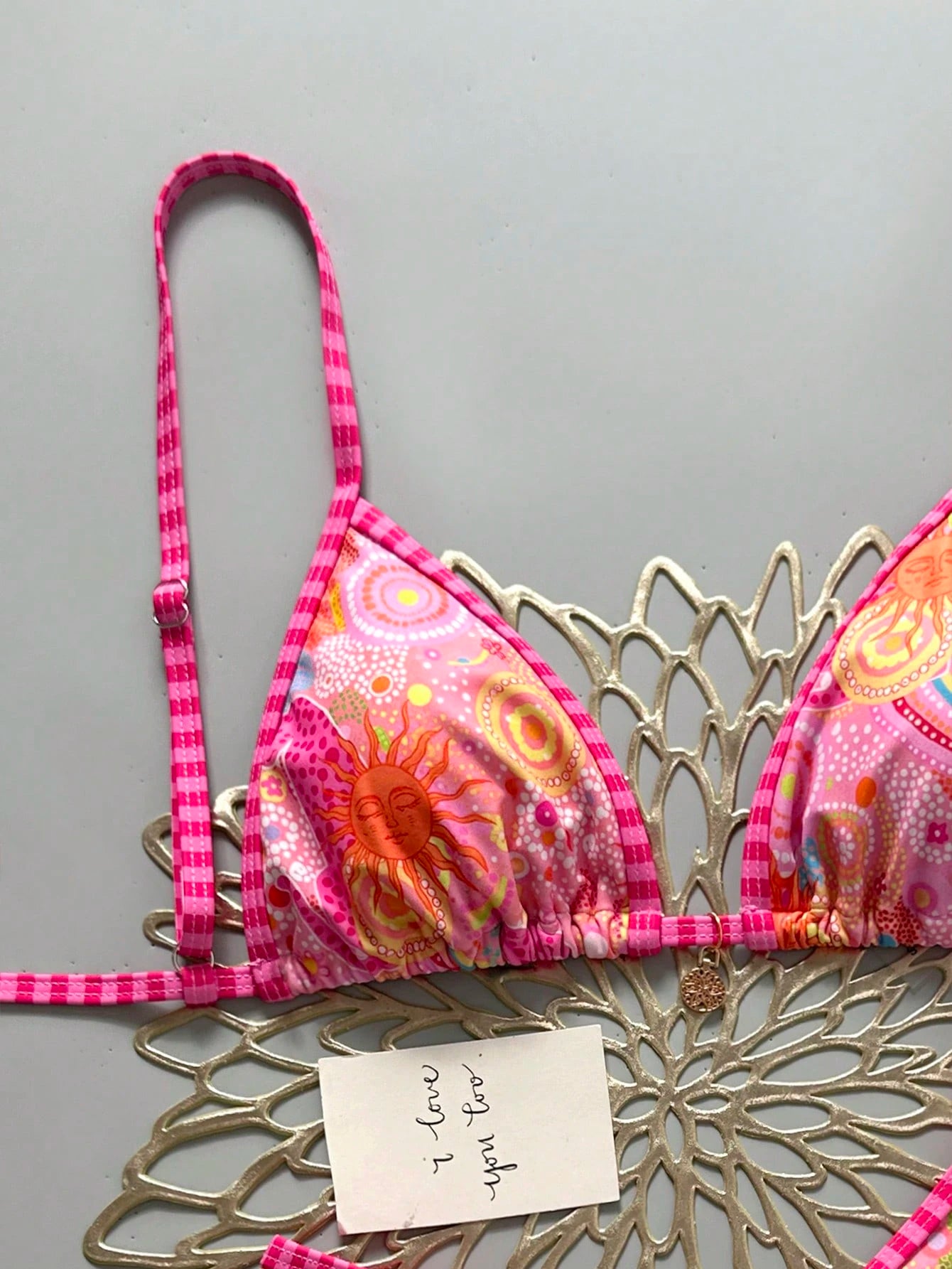 Swim Mod Women 2-Piece Bikini Set,Pink And Orange Floral Print Gold Disc Decor Halter Triangle Top & High Cut Thong Bottom,Boho Beach Summer Holiday Swimwear