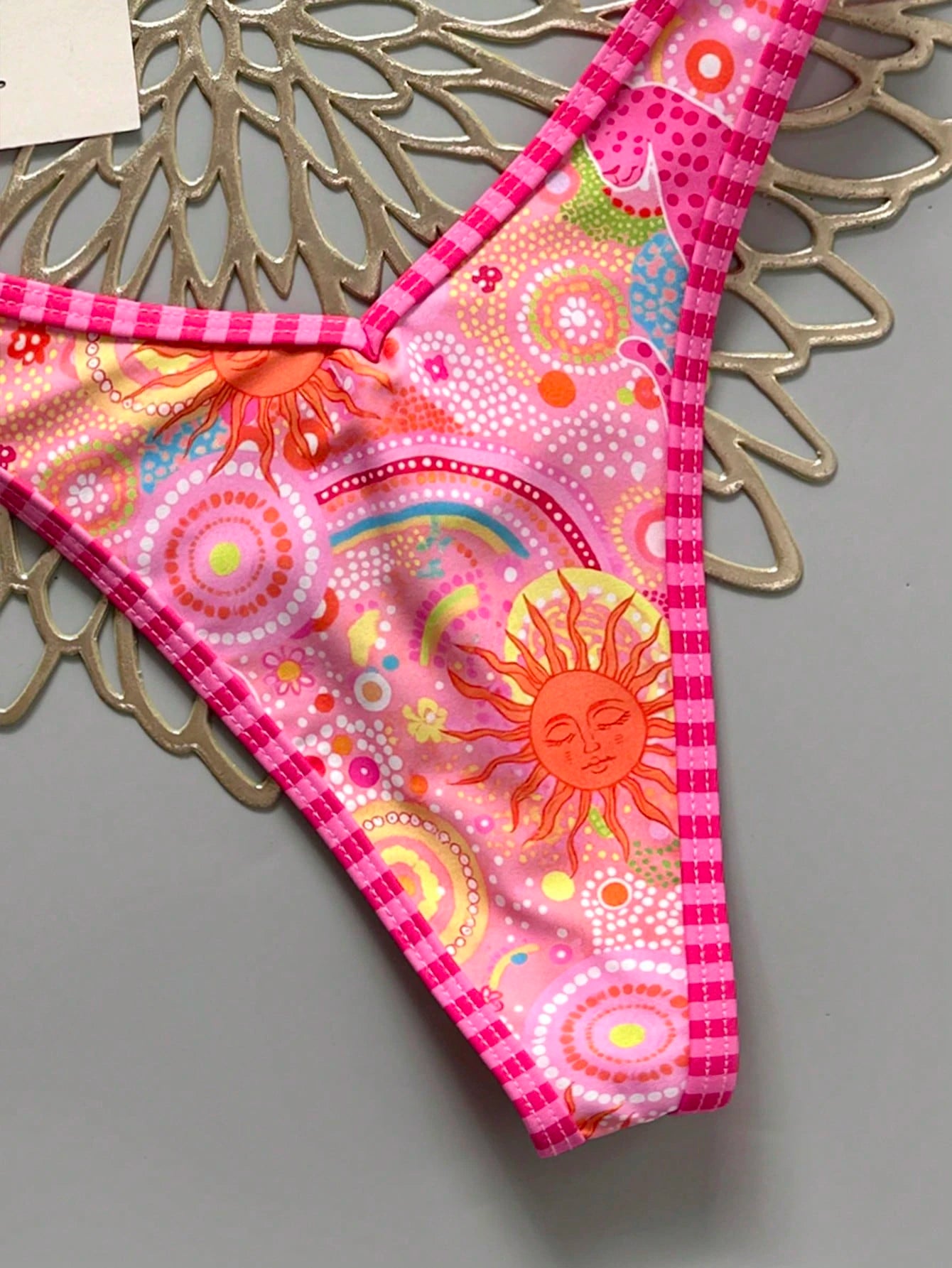 Swim Mod Women 2-Piece Bikini Set,Pink And Orange Floral Print Gold Disc Decor Halter Triangle Top & High Cut Thong Bottom,Boho Beach Summer Holiday Swimwear