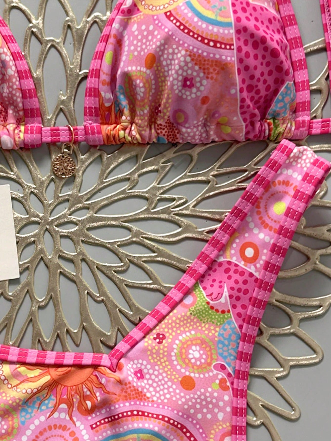 Swim Mod Women 2-Piece Bikini Set,Pink And Orange Floral Print Gold Disc Decor Halter Triangle Top & High Cut Thong Bottom,Boho Beach Summer Holiday Swimwear