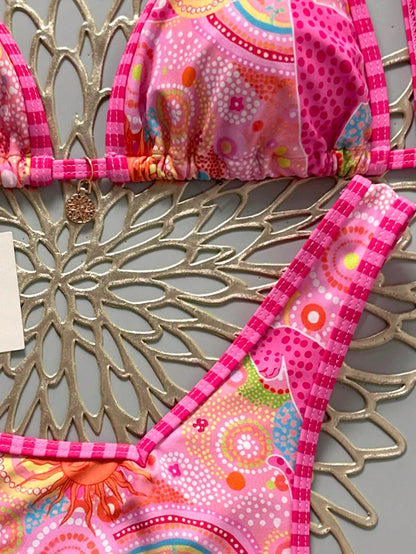 Swim Mod Women 2-Piece Bikini Set,Pink And Orange Floral Print Gold Disc Decor Halter Triangle Top & High Cut Thong Bottom,Boho Beach Summer Holiday Swimwear
