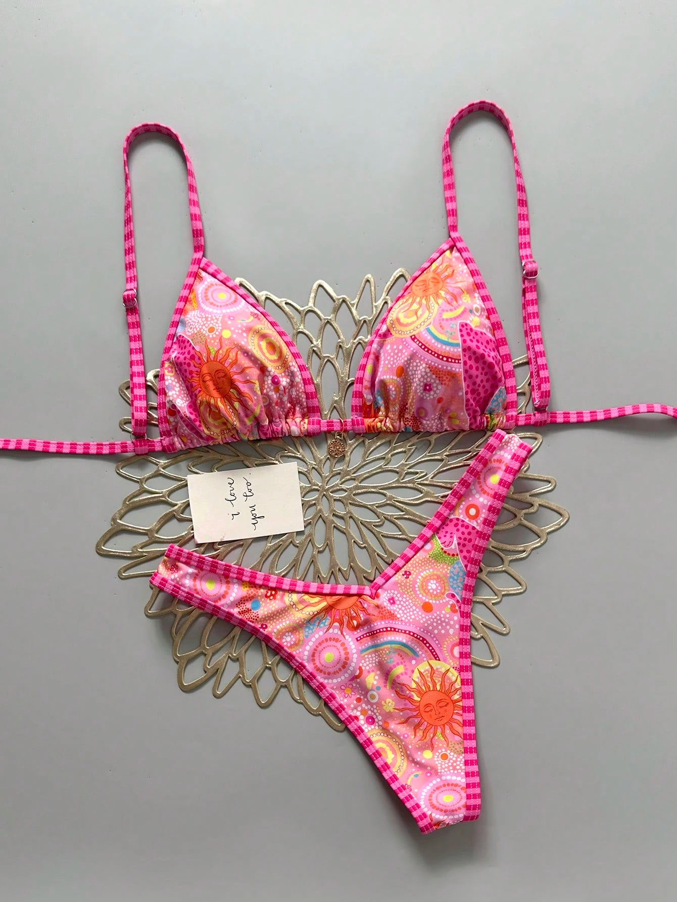 Swim Mod Women 2-Piece Bikini Set,Pink And Orange Floral Print Gold Disc Decor Halter Triangle Top & High Cut Thong Bottom,Boho Beach Summer Holiday Swimwear