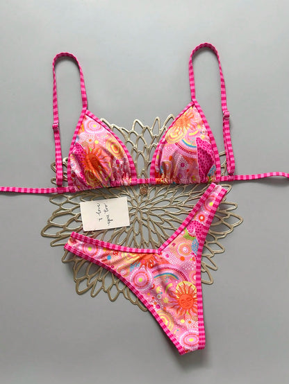 Swim Mod Women 2-Piece Bikini Set,Pink And Orange Floral Print Gold Disc Decor Halter Triangle Top & High Cut Thong Bottom,Boho Beach Summer Holiday Swimwear