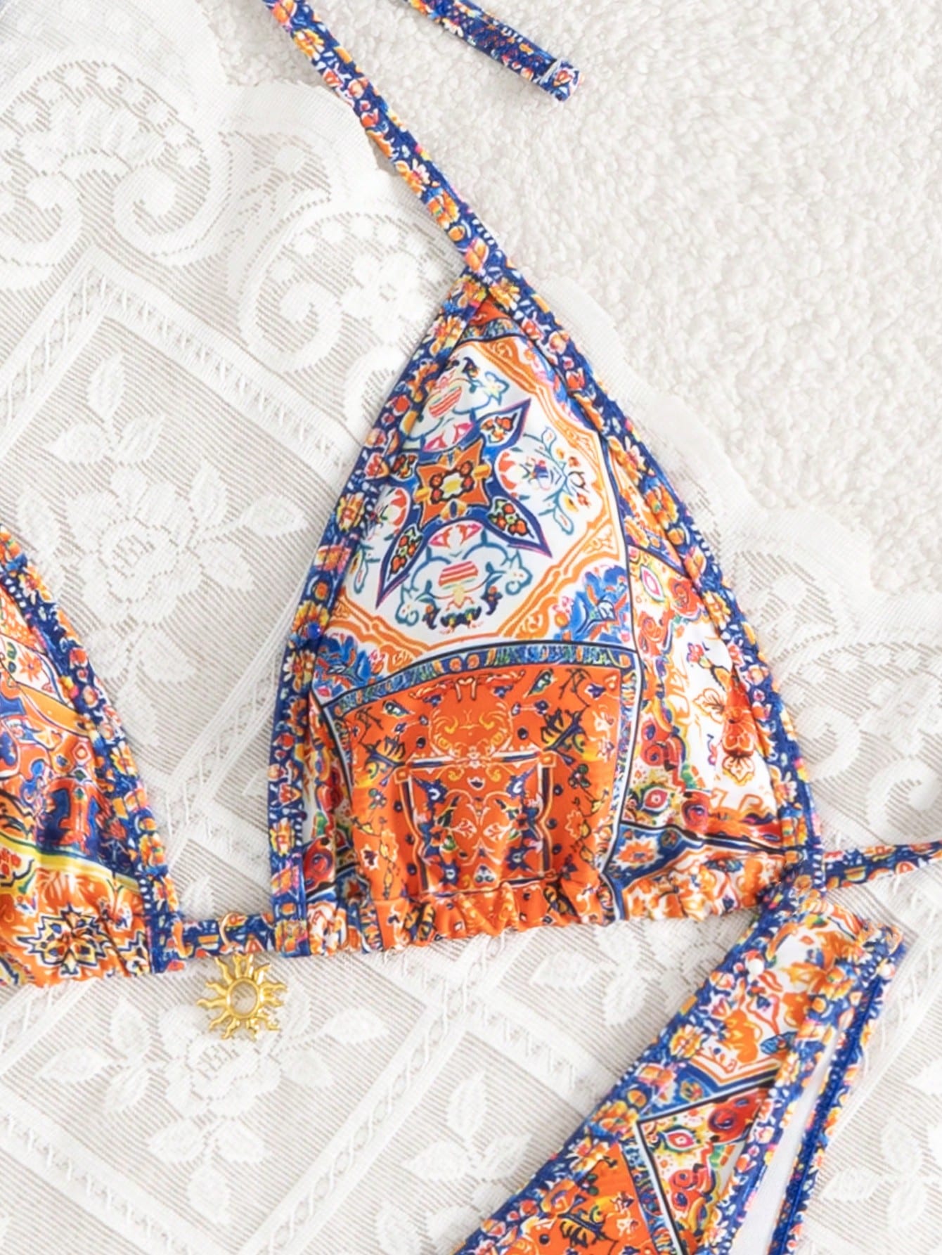 Swim Mod Women 2-Piece Bikini Set,Pink And Orange Floral Print Gold Disc Decor Halter Triangle Top & High Cut Thong Bottom,Boho Beach Summer Holiday Swimwear