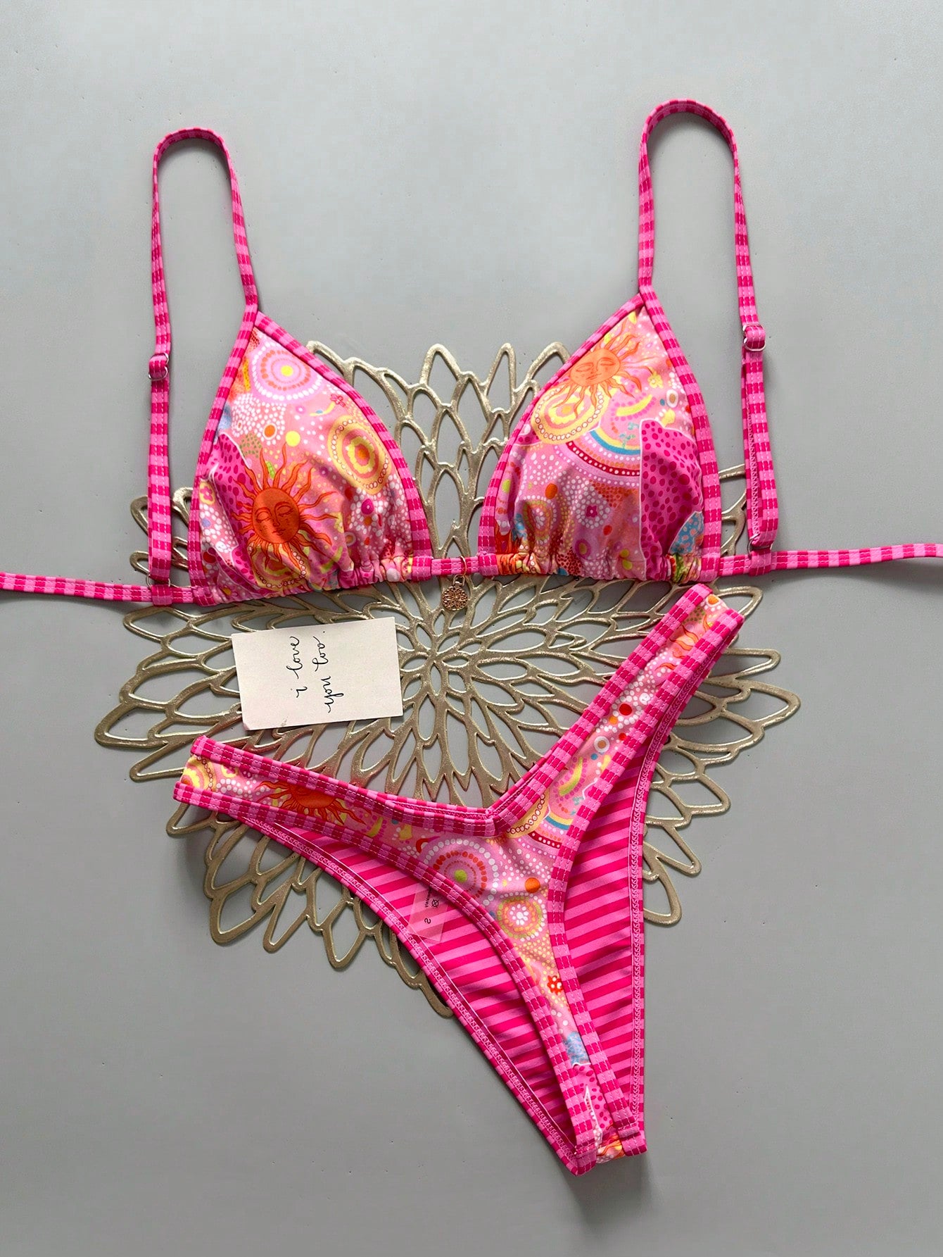 Swim Mod Women 2-Piece Bikini Set,Pink And Orange Floral Print Gold Disc Decor Halter Triangle Top & High Cut Thong Bottom,Boho Beach Summer Holiday Swimwear