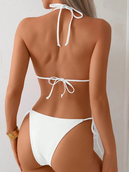 Swim Mod Women Elegant Metal Faux Pearl Necklace Accessories, White 3D Floral Print Halter Swimsuit White Bikini Set For Summer Beach Vacation