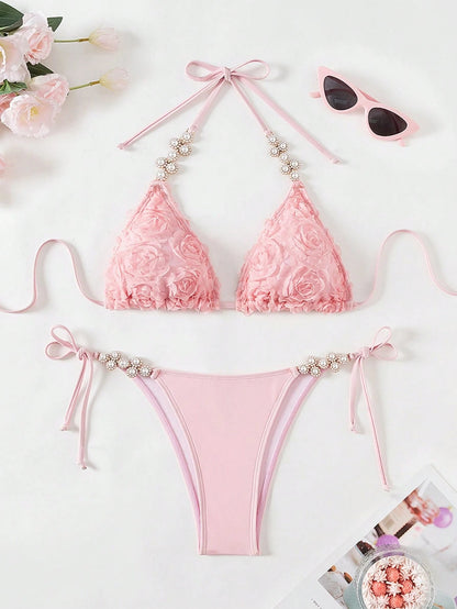 Swim Mod Women Elegant Metal Faux Pearl Necklace Accessories, White 3D Floral Print Halter Swimsuit White Bikini Set For Summer Beach Vacation