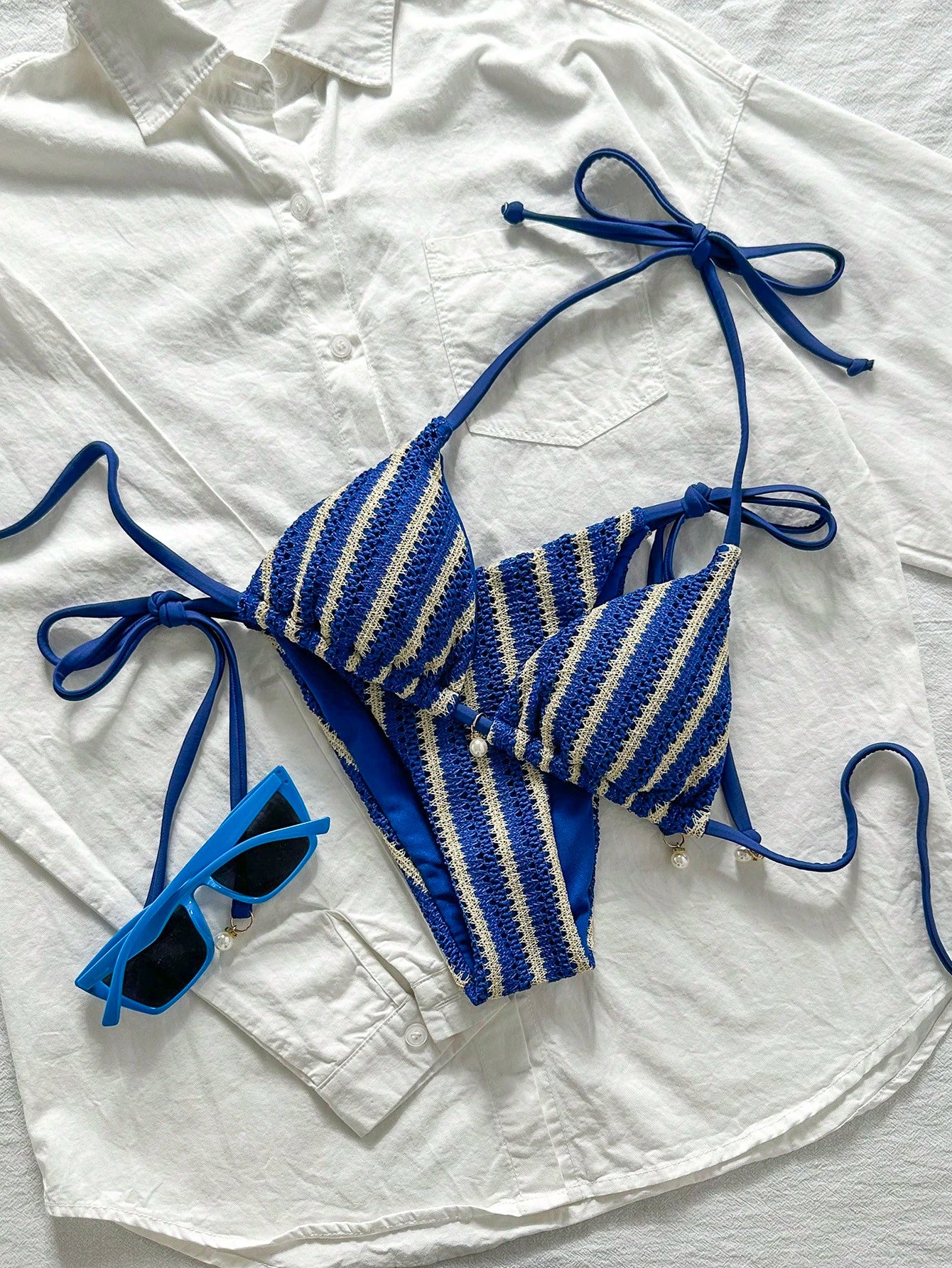 Swim Mod Women Fabric Bikini Set With Multicolor Striped Halter Wrap And Tie Side Short Bottom