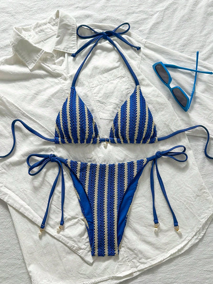 Swim Mod Women Fabric Bikini Set With Multicolor Striped Halter Wrap And Tie Side Short Bottom