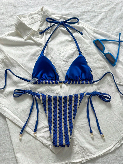 Swim Mod Women Fabric Bikini Set With Multicolor Striped Halter Wrap And Tie Side Short Bottom
